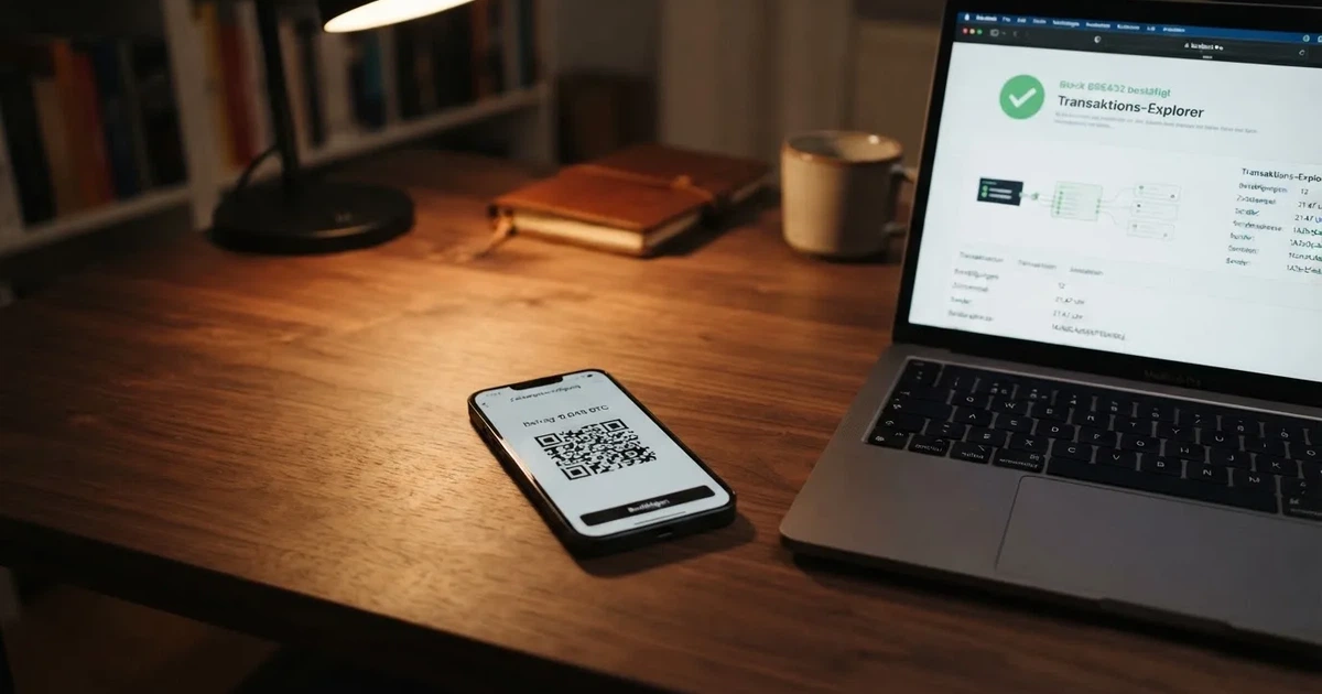 Smartphone zeigt einen QR-Code für eine Bitcoin-Zahlung neben einem Laptop mit einer Blockchain-Explorer-Seite.