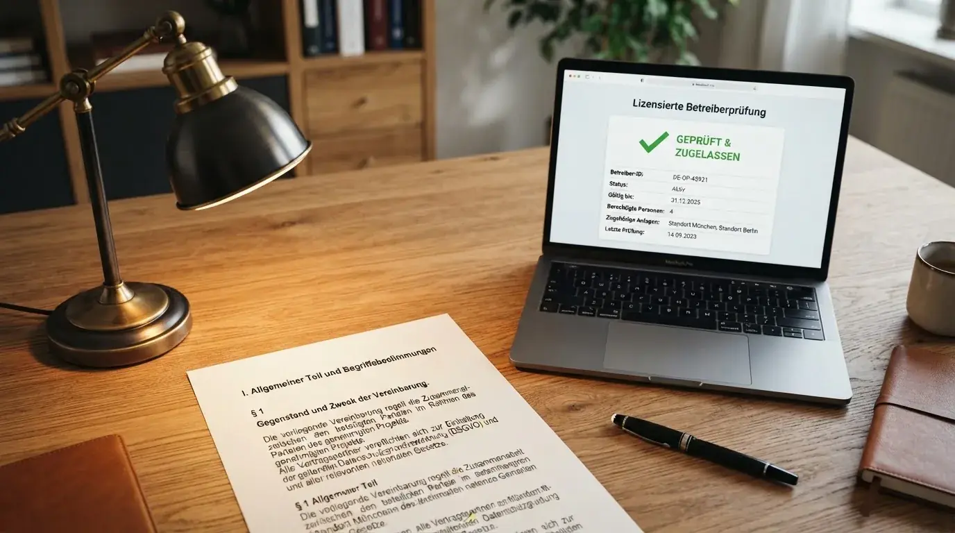 Nahaufnahme eines Gesetzestextes auf Papier neben einem aufgeklappten Laptop mit einer Regierungswebsite.