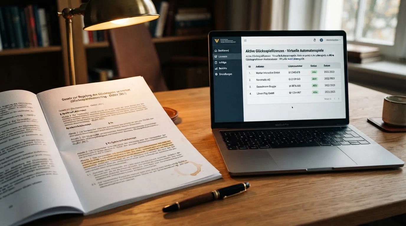 Nahaufnahme eines Gesetzestextes neben einem Laptop-Bildschirm mit einer Behördenseite.