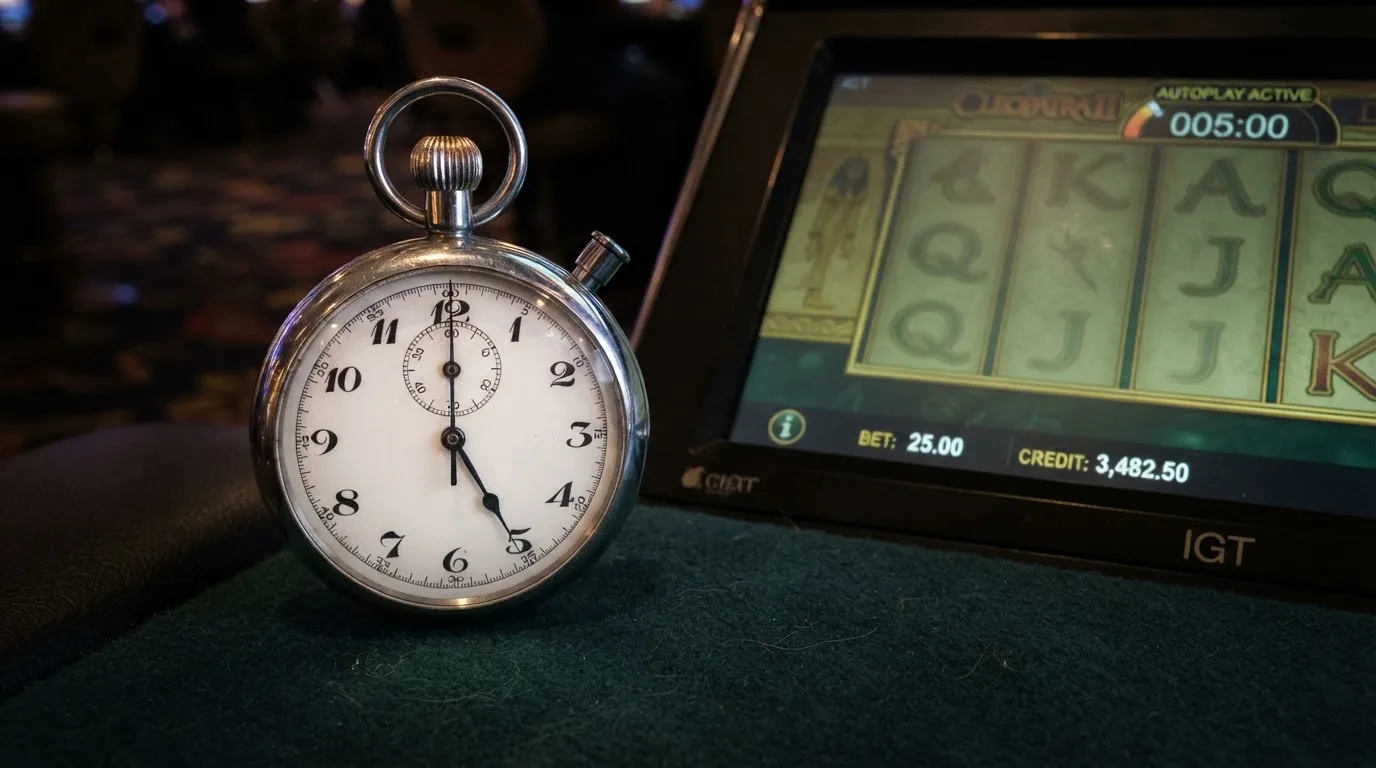 Symbolbild einer Stoppuhr neben einem Spielautomaten-Bildschirm, das ein Zeitintervall andeutet.